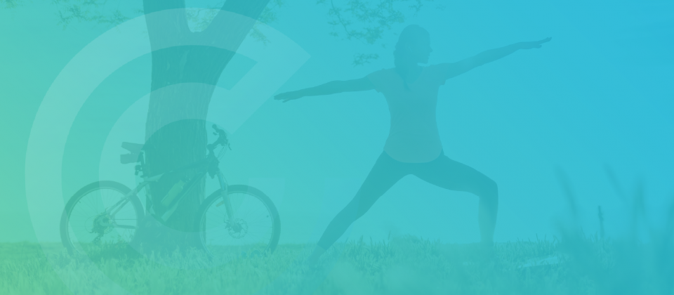 Silhouette of woman doing yoga beside a tree and a bike, overlayed with a blue filter and Click Consult's logo