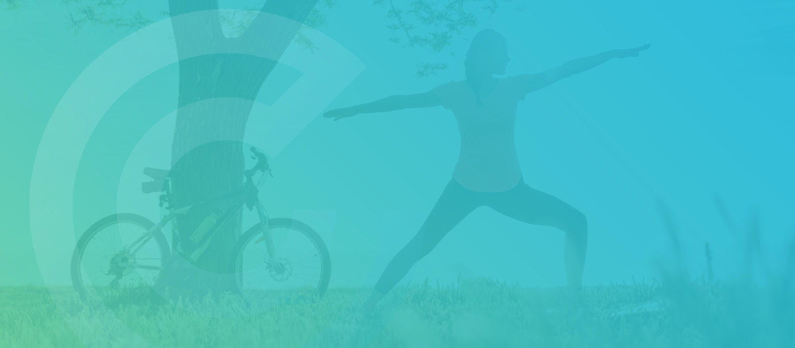 Silhouette of woman doing yoga beside a tree and a bike, overlayed with a blue filter and Click Consult's logo