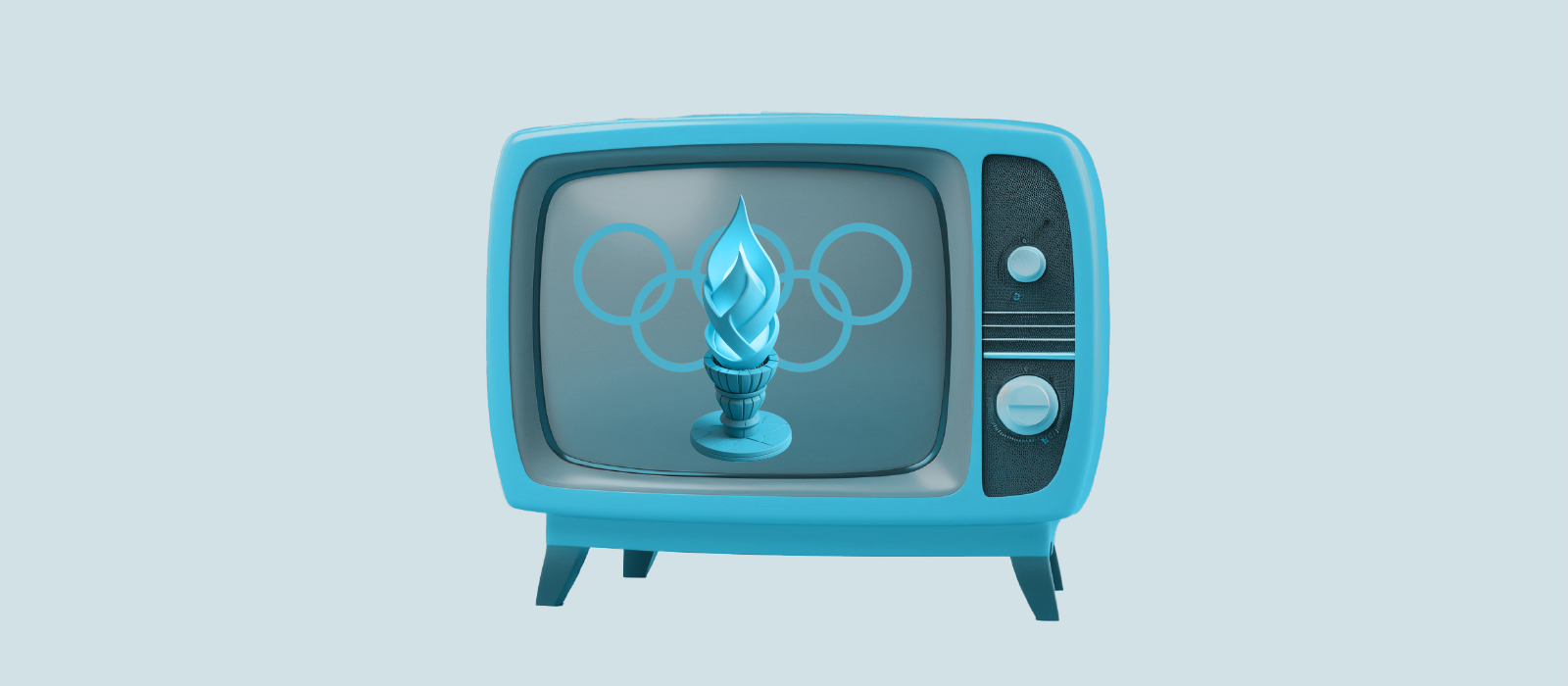 Graphic image of the olympic rings, and the olympic torch on a TV